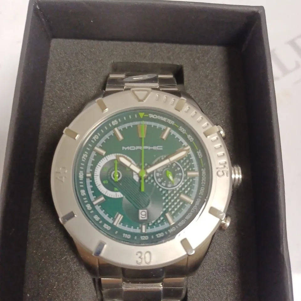 BOXED MORPHIC STAINLESS STEEL SILVER & GREEN WATCH 