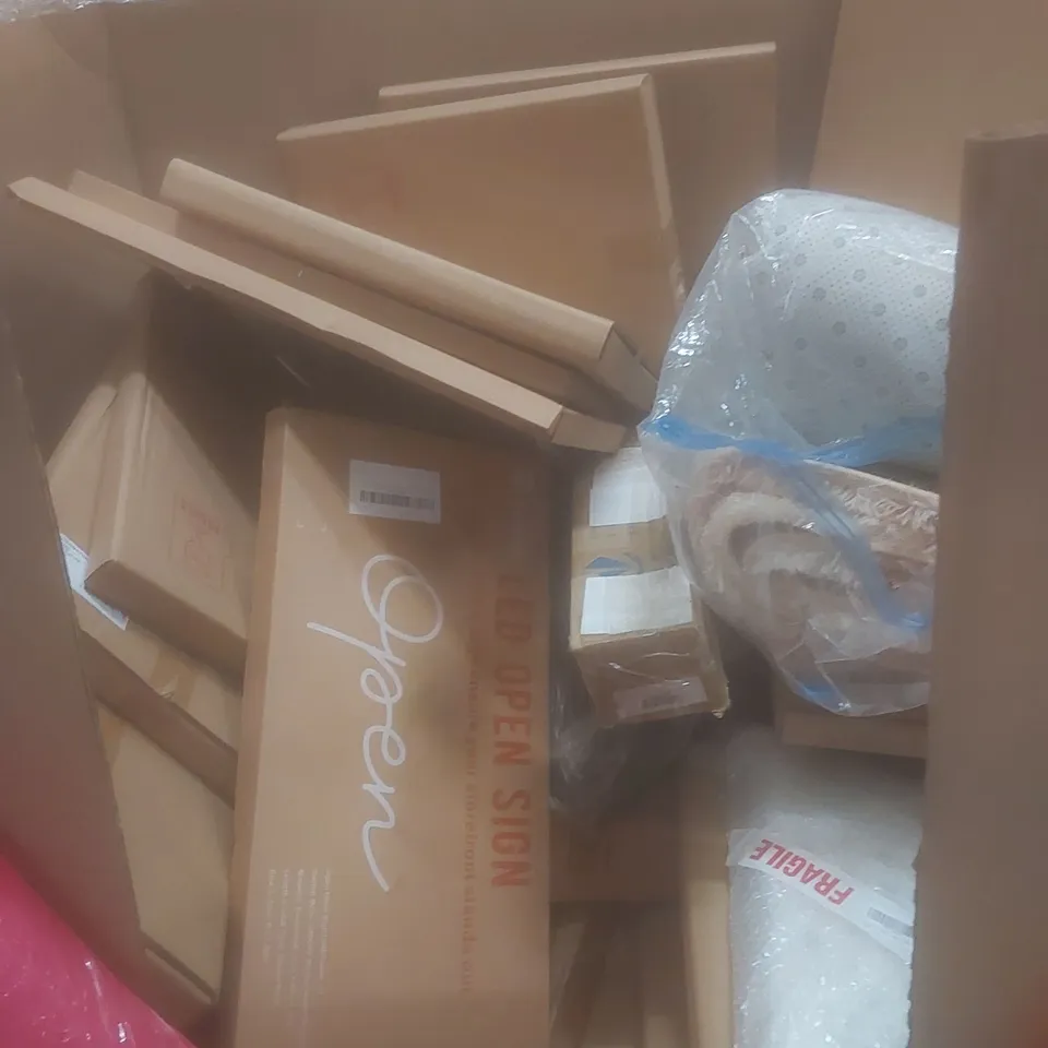 PALLET OF ASSORTED HOUSEHOLD GOODS AND PRODUCTS TO INCLUDE; LED OPEN SIGNS, KITCHEN FAUCET, RUGS, BOXED FURNITURE ETC