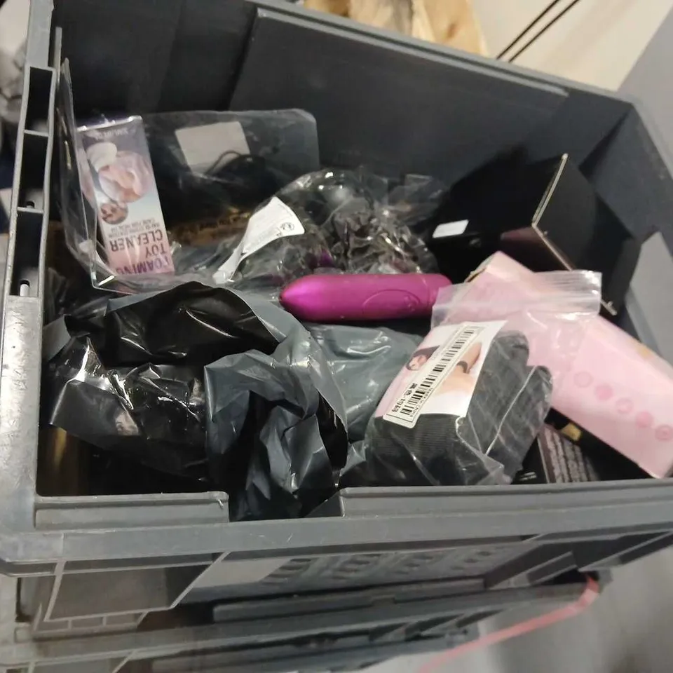 TOTE OF ASSORTED X RATED TOYS AND ACCESSORIES
