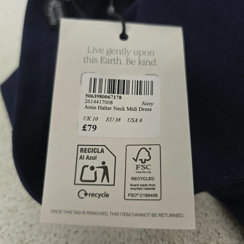 NOBODY'S CHILD NAVY HALTER NECK MIDI DRESS – UK 10 (EU 38, US 6) - TAG ATTACHED