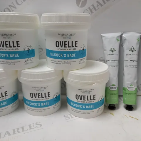 LOT OF APPROX 8 ASSORTED BEAUTY ITEMS TO INCLUDE 5 X 500G OVELLE SILCOCKS BASE & 3 X 100ML CANNACARES CBD+MAGNESIUM MUSCLE CREAM