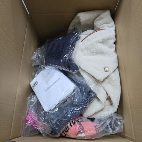 BOX OF APPROXIMATELY 20 ITEMS OF CLOTHING IN VARIOUS STYLES , SIZES  AND COLOURS