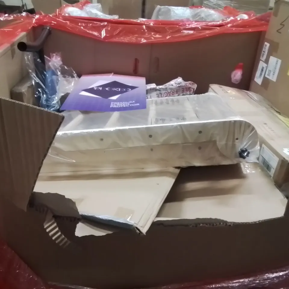 PALLET OF ASSORTED HOUSEHOLD GOODS AND PRODUCTS TO INCLUDE;LED MONITOR,LAMINATE FLOOR CUTTER,CLOCK