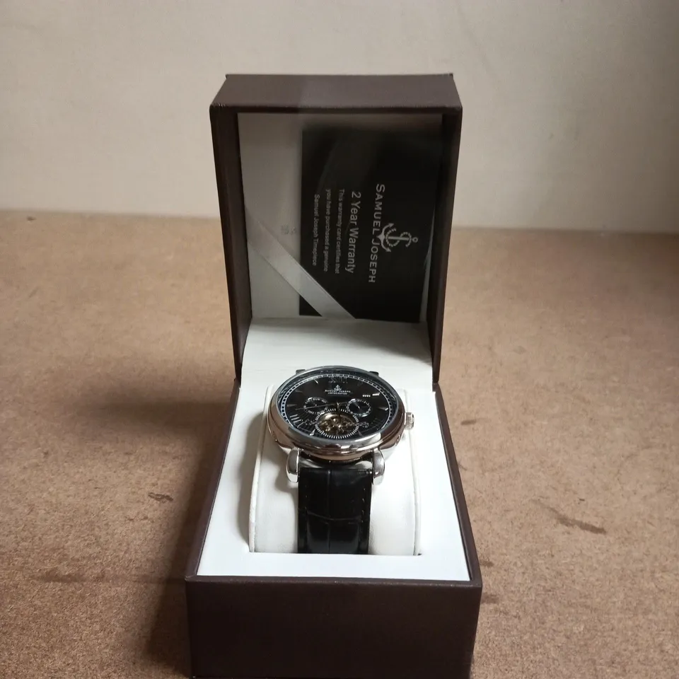 SAMUEL JOSEPH AUTOMATIC SKELETON DIAL WRISTWATCH – BLACK LEATHER STRAP, BOXED