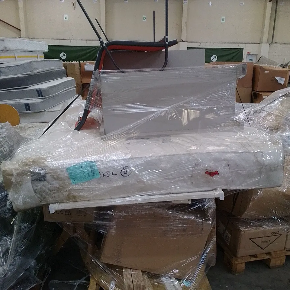 PALLET OF ASSORTED FURNITURE INCLUDING SILENTNIGHT 1000 POCKET MATTRESS, COFFEE TABLE, PLUM QUOLL GARDEN SWING, HAWAII DUO SEAT ORANGE, WOODEN DINING TABLE, CASABLANCA SMALL SIDEBOARD 