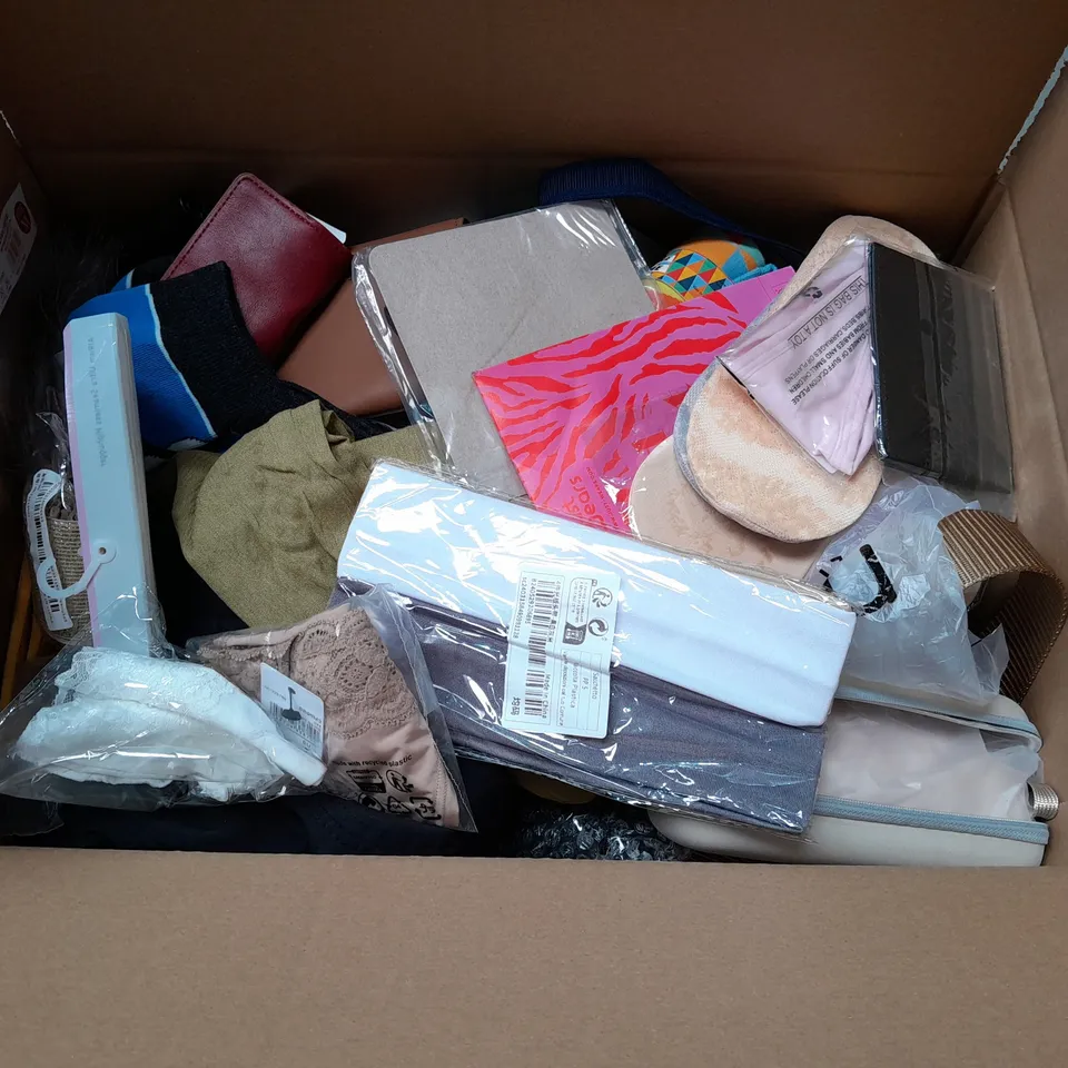 LOT OF ASSORTED CLOTHING ACCESSORIES TO INCLUDE GLOVES, WALLETS, SOCKS, BELTS AND BRAS