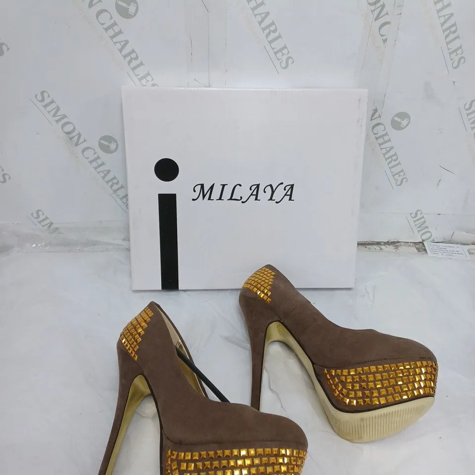 LARGE BOX OF APPROXIMATELY 10 BOXED MILAYA BROWN STILT HEELS JEWELLED IN VARIOUS SIZES 