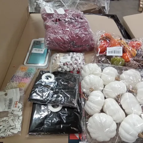PALLET OF ASSORTED ITEMS INCLUDING 12PCS ARTIFICAL PUMPKINS, ELF ADHESIVE LETTERS, CHRISTMAS WOOD BEADS, IPHONE 11 CLEAR CASE, YOINS MAROON SWEATER