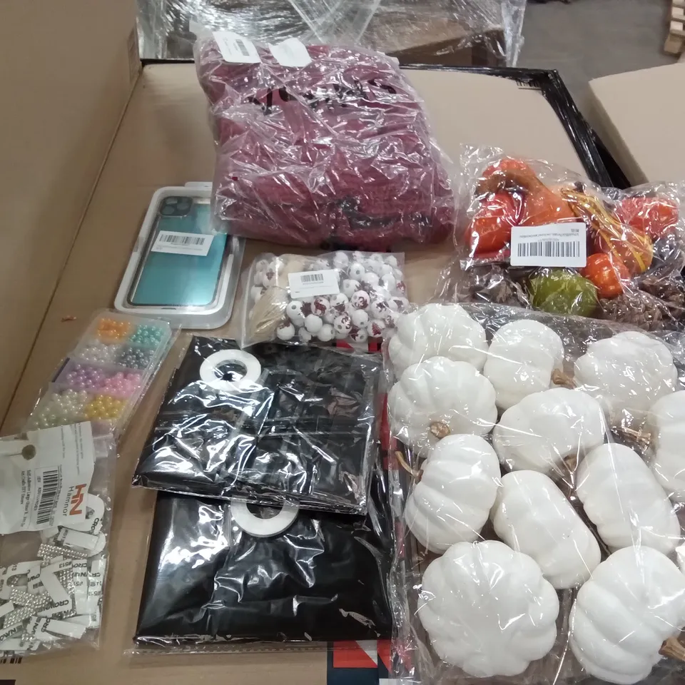 PALLET OF ASSORTED ITEMS INCLUDING 12PCS ARTIFICAL PUMPKINS, ELF ADHESIVE LETTERS, CHRISTMAS WOOD BEADS, IPHONE 11 CLEAR CASE, YOINS MAROON SWEATER
