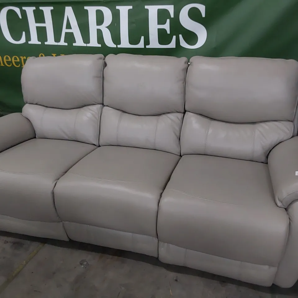 DESIGNER POWER RECLINING THREE SEATER SOFA LIGHT GREY LEATHER 