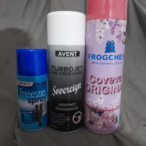 BOX OF APPROXIMATELY 10 AEROSOLS TO INCLUDE  - FREEZE SPRAY - TURBOJET AIR FRESHENER - FROGCHEM AIR FRESHENER  - COLLECTION ONLY 