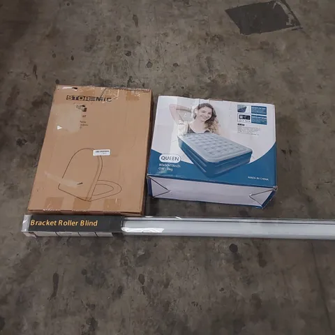 PALLET OF ASSORTED HOUSEHOLD ITEMS AND CONSUMER PRODUCTS TO INCLUDE; ROLLER BLIND, TOILET SEAT, OFFICE CHAIR, INFLATABLE AIRBED, BOXED FURNITURE ETC