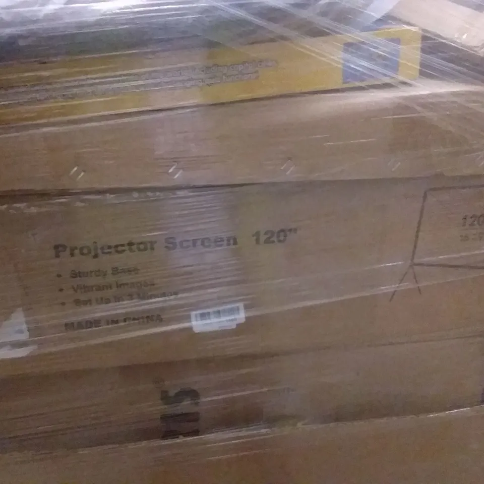 PALLET OF ASSORTED ITEMS INCLUDING FOLDING SMALL TRAMPOLINE, LARGE WALL MOUNT CLOCK, PROJECTOR SCREEN 120", TENNIS RACKET, 