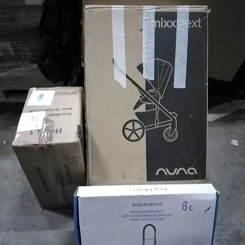 PALLET OF HOUSEHOLD ITEMS TO INCLUDE STROLLER,  MACERATOR PUMP, TAP AND OTHER ASSORTED ITEMS...