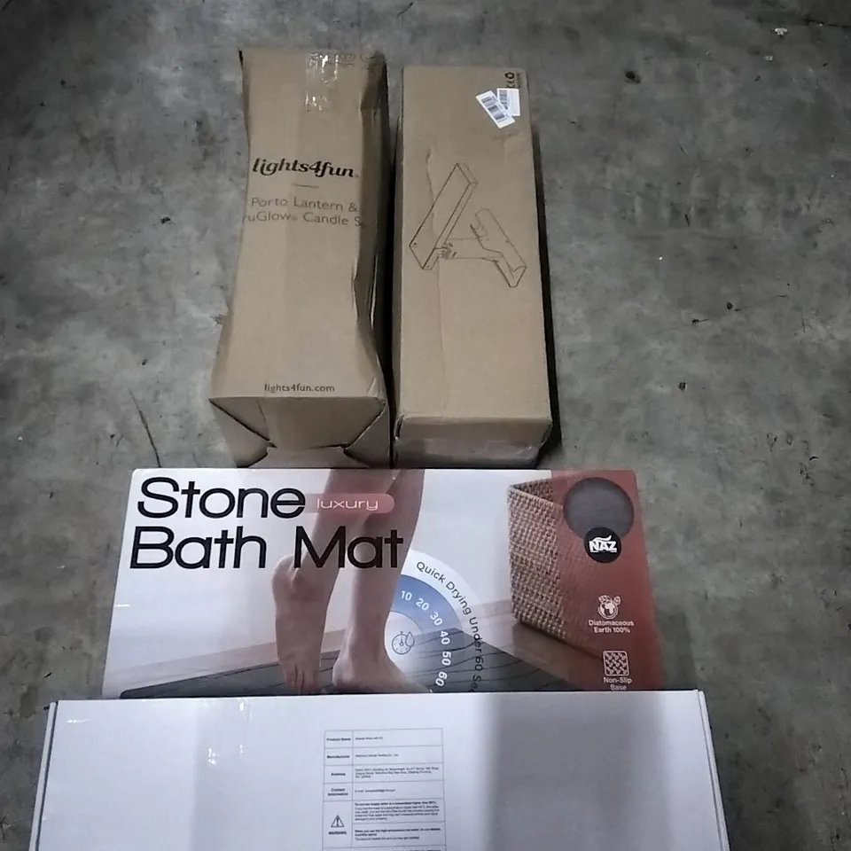 PALLET OF HOUSEHOLD ITEMS TO INCLUDE SHOWER MIXER WITH KIT,  STONE BATH MAT, PORTO LANTERN & TRU GLOW CANDLE SET AND OTHER ASSORTED ITEMS...