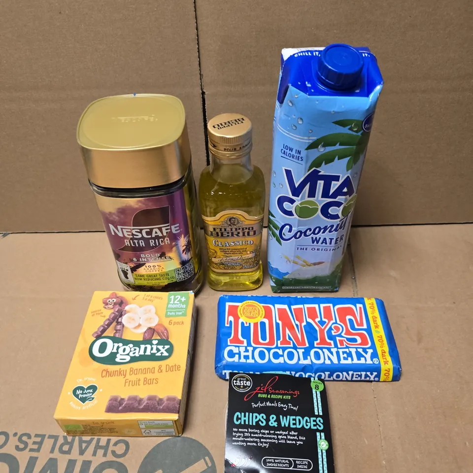 APPROXIMATELY 10 ASSORTED FOOD/DRINK PRODUCTS TO INCLUDE TONY'S CHOCOLATE, NESCAFE, VITA WATER ETC 