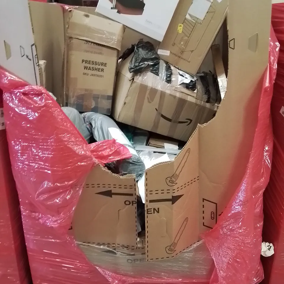 PALLET CONTAINING VARIOUS ASSORTED BOXED HOUSEHOLD ITEMS TO INCLUDE: AIR COOLER, COMFORT CUSHION, PRESSURE WASHER, LARGE AREA RUG AND LOTS MORE UNMARKED BOXED ITEMS 