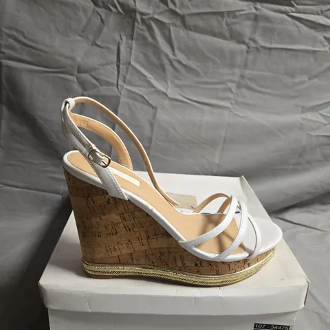 BOXED PAIR OF OFFICE HONCHO STRAPPY CORK WEDGE SHOES - UK SIZE 5