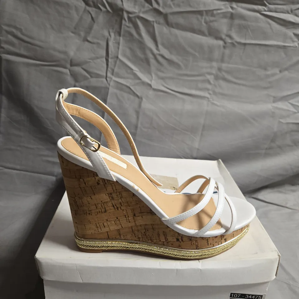 BOXED PAIR OF OFFICE HONCHO STRAPPY CORK WEDGE SHOES - UK SIZE 5