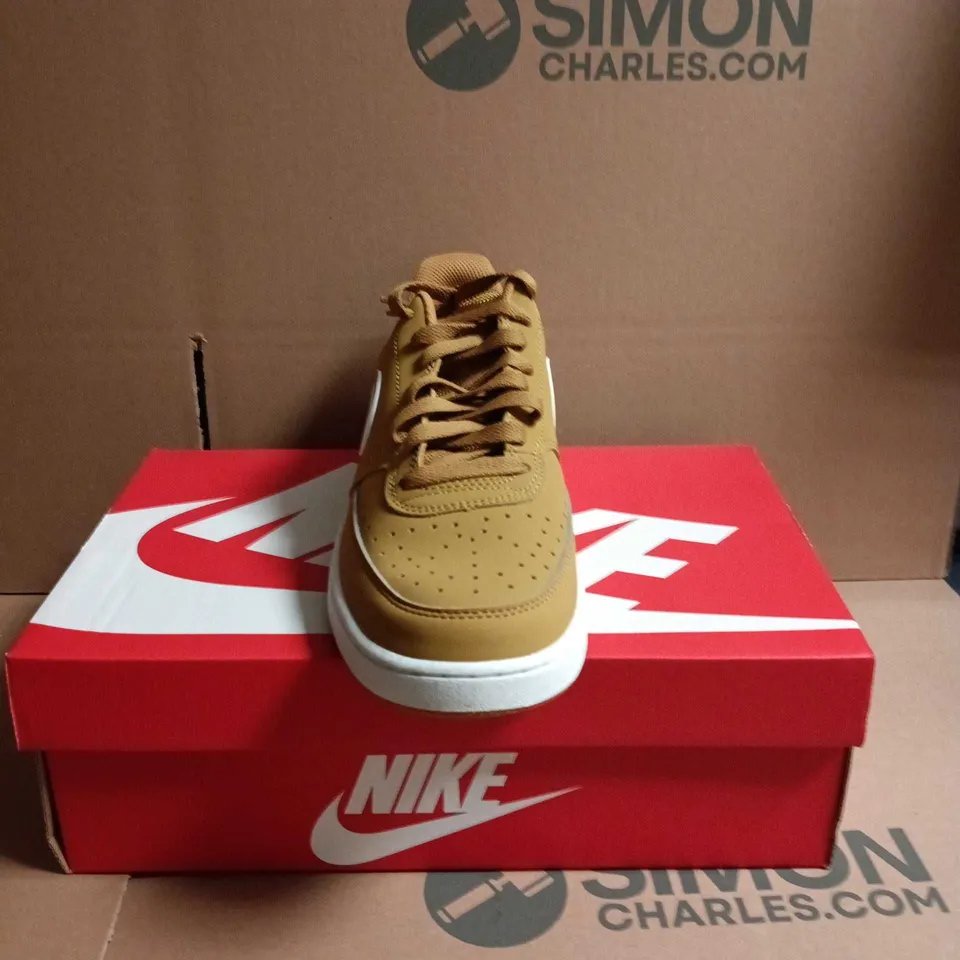 NIKE TRAINERS – TAN NUBUCK WITH WHITE SWOOSH SIZE 8