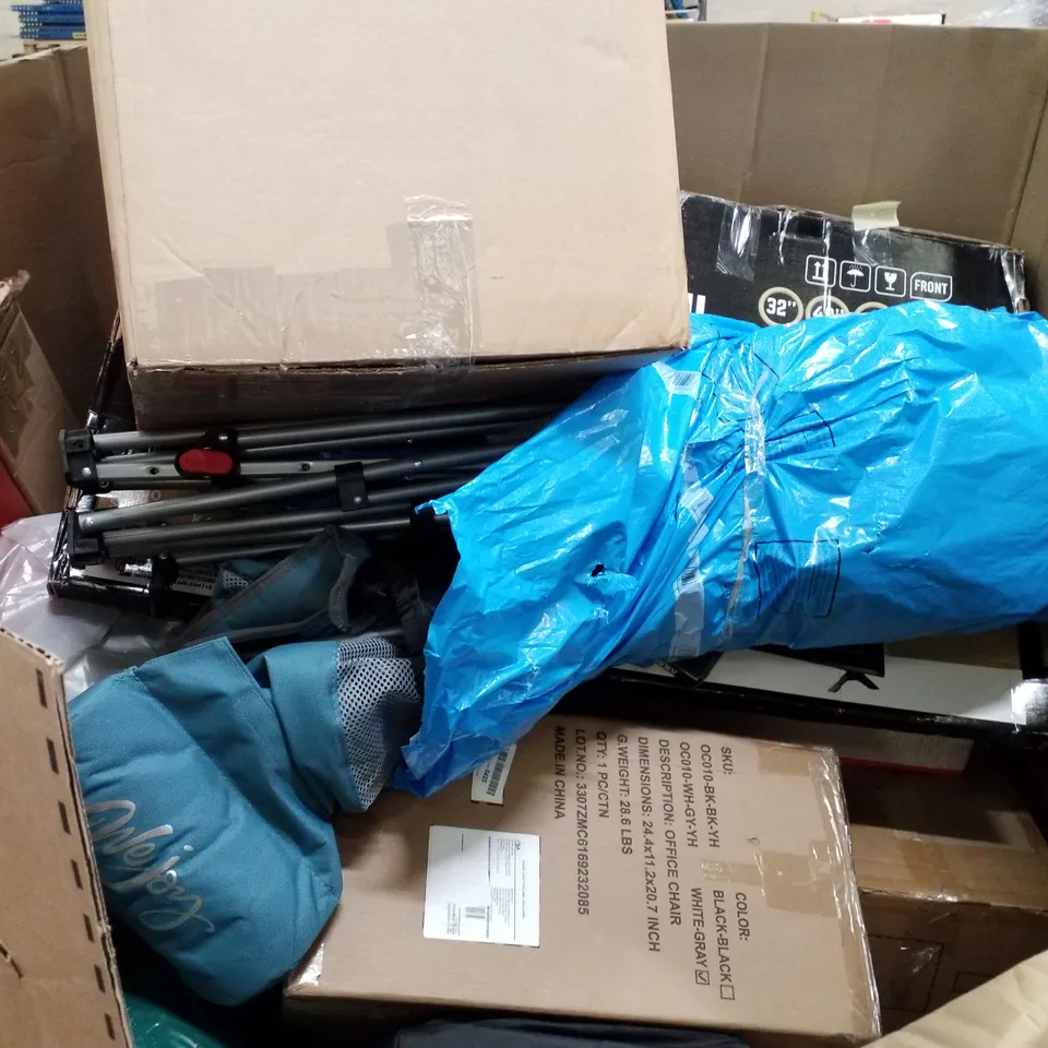PALLET OF ASSORTED PRODUCTS INCLUDING OFFICE CHAIR, FOLDABLE CAMPING CHAIR, TV SCREEN PROTECTOR