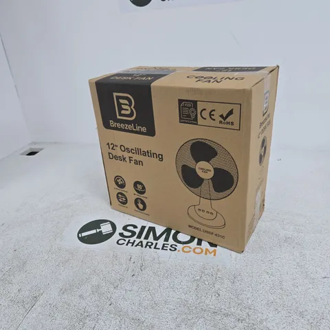 BREEZLINE 12-INCH OSCILLATING DESK FAN – MODEL USDF-631C (BOXED)