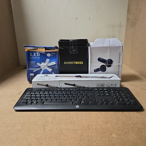 BOX OF APPROXIMATELY 20 ASSORTED ITEMS TO INCLUDE LED FLOWER FAN LIGHT, BARBER BOSS HAIR CLIPPERS, INTELLIGENT MASSAGER, WAVY CHIC HAIR CURLER, HEWLETT PACKARD KEYBOARD ETC