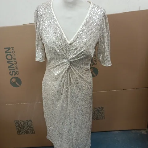 KALEIDOSCOPE SEQUIN EVENING DRESS, UK 12 (EU 40) – SILVER