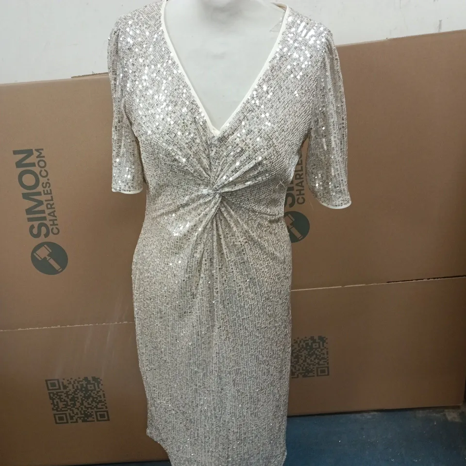 KALEIDOSCOPE SEQUIN EVENING DRESS, UK 12 (EU 40) – SILVER