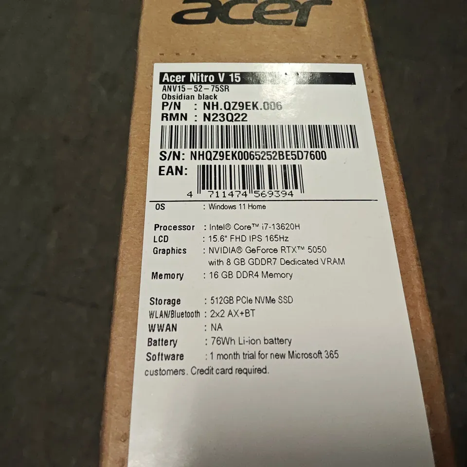 BOXED ACER NITRO V15 INTEL I-7 13620H GEFORCE RTX 5050 GRAPHICS 16GB RAM 512GB SSD LAPTOP IN BLACK