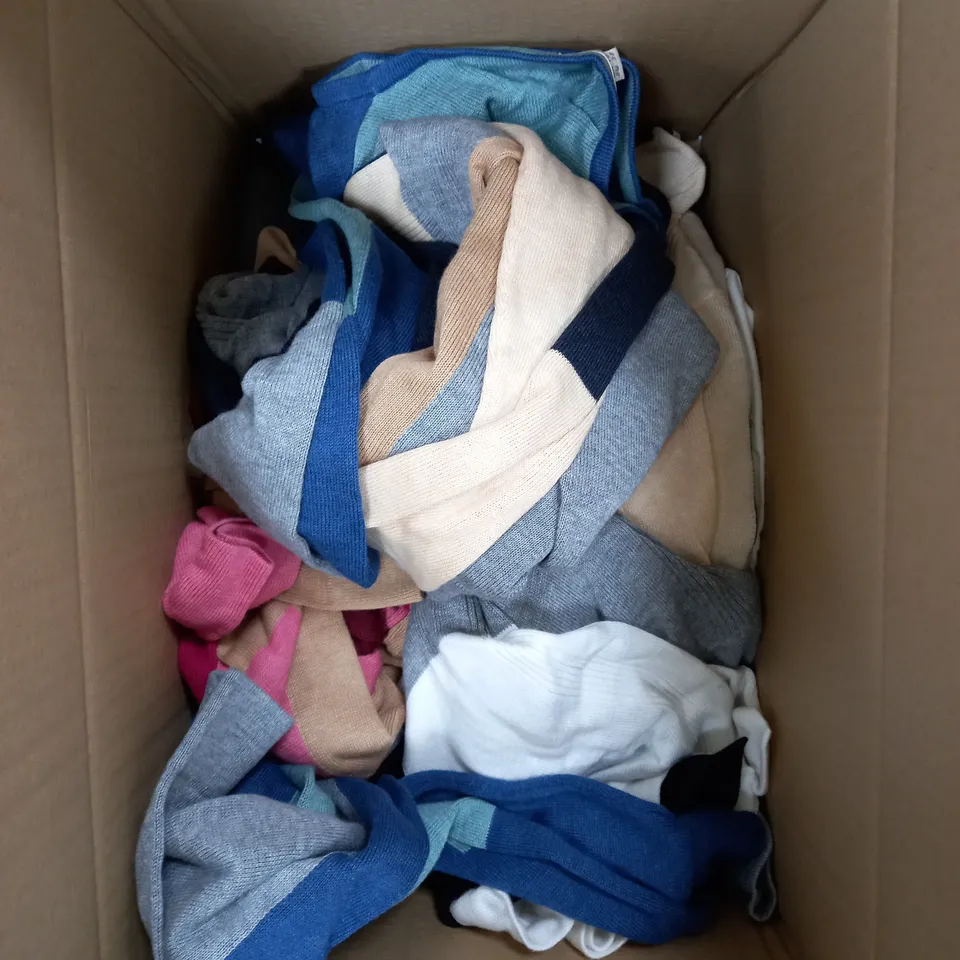 BOX OF APPROXIMATELY 15 ASSORTED CLOTHING PRODUCTS TO INCLUDE JUMPERS, DRESSES, CARDIGANS ETC