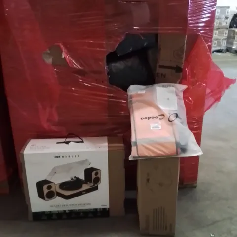 PALLET OF ASSORTED HOUSEHOLD GOODS AND PRODUCTS TO INCLUDE;TURNTABLE,DOGS HARNESS,STEAMER