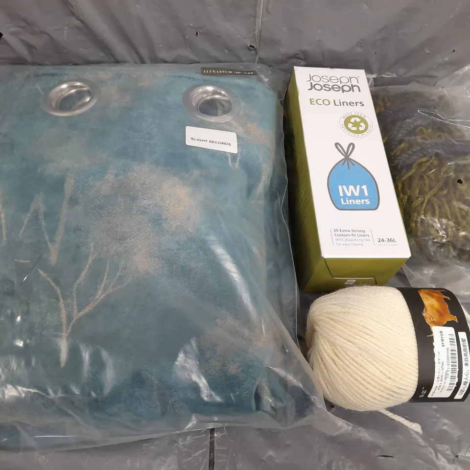 APROXIMATELY 15 ASSORTED HOUSEHOLD ITEMS TO INCLUDE BLACKOUT CURTAINS , BIN BAGS , WOOL , ETC 