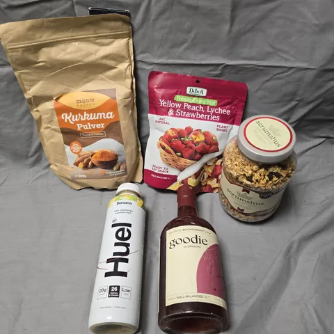 APPROXIMATELY 9 ASSORTED FOOD/DRINK PRODUCTS TO INCLUDE HUEL DRINK, GRIND COFFEE, GRANOLA ETC 