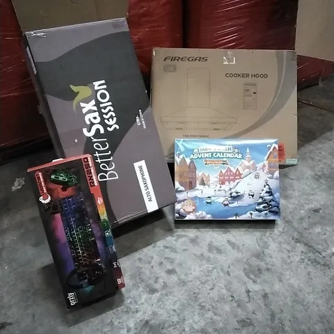 PALLET OF HOUSEHOLD ITEMS TO INCLUDE ADVENT CALENDAR, KEYBOARD, ALTO SAXOPHONE, COOKER HOOD AND OTHER ASSORTED ITEMS...