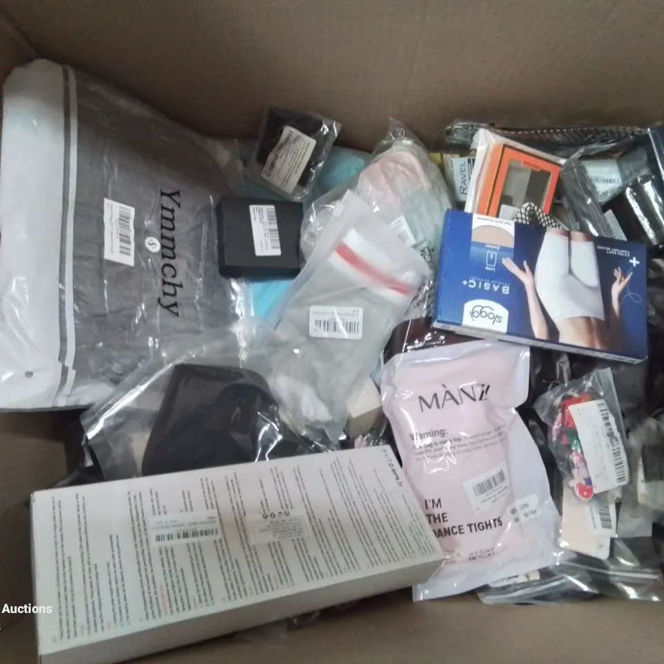 BOX CONTAINING LARGE AMOUNT OF MIXED FASHION ITEMS, SILVER PLATE AND COSTUME JEWELLERY, CLOTHING ITEMS ETC.