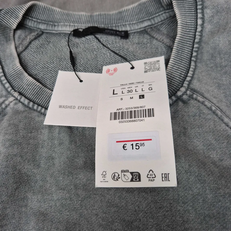 ZARA GREY WASHED-EFFECT SWEATSHIRT WITH PINK 'LOS ANGELES USA CALIFORNIA' PRINT – SIZE L