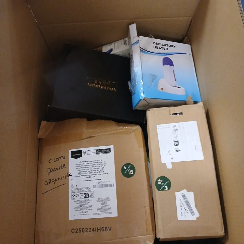 BOX OF APPROXIMATELY 15 ASSORTED ITEMS INCLUDING NEDIS DISK LENS CLEANER, A PRINTER CARTRIDGE AND A DEPILATORY HEATER