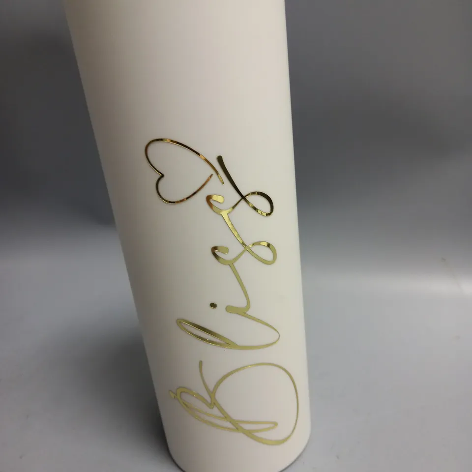 WHITE DRIKING BOTTLE WITH STRAW. BLISS GOLD LETTERING