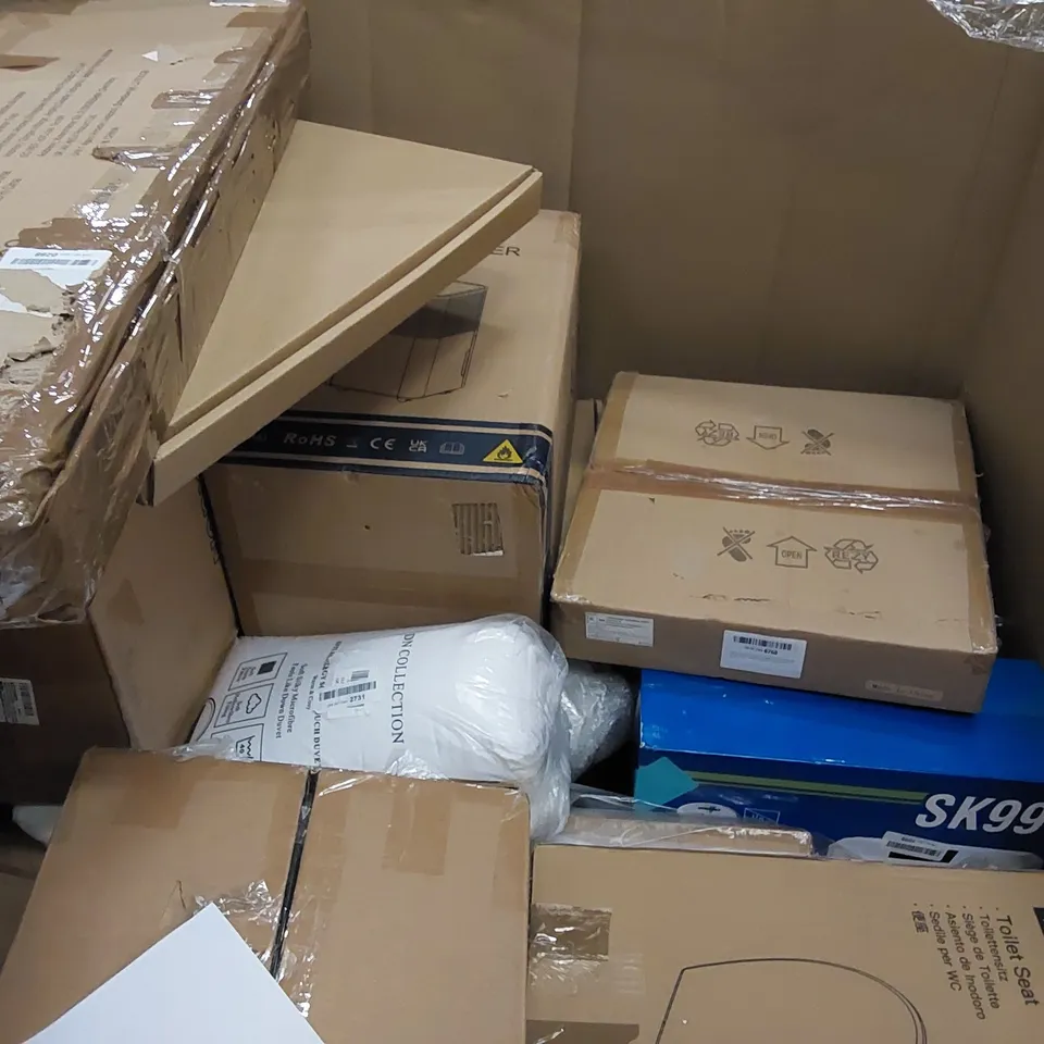 PALLET OF ASSORTED ITEMS INCLUDING: AIR FRYER, OFFICE CHAIR, RETRACTABLE GATE, LOG RACK, BLANKET 