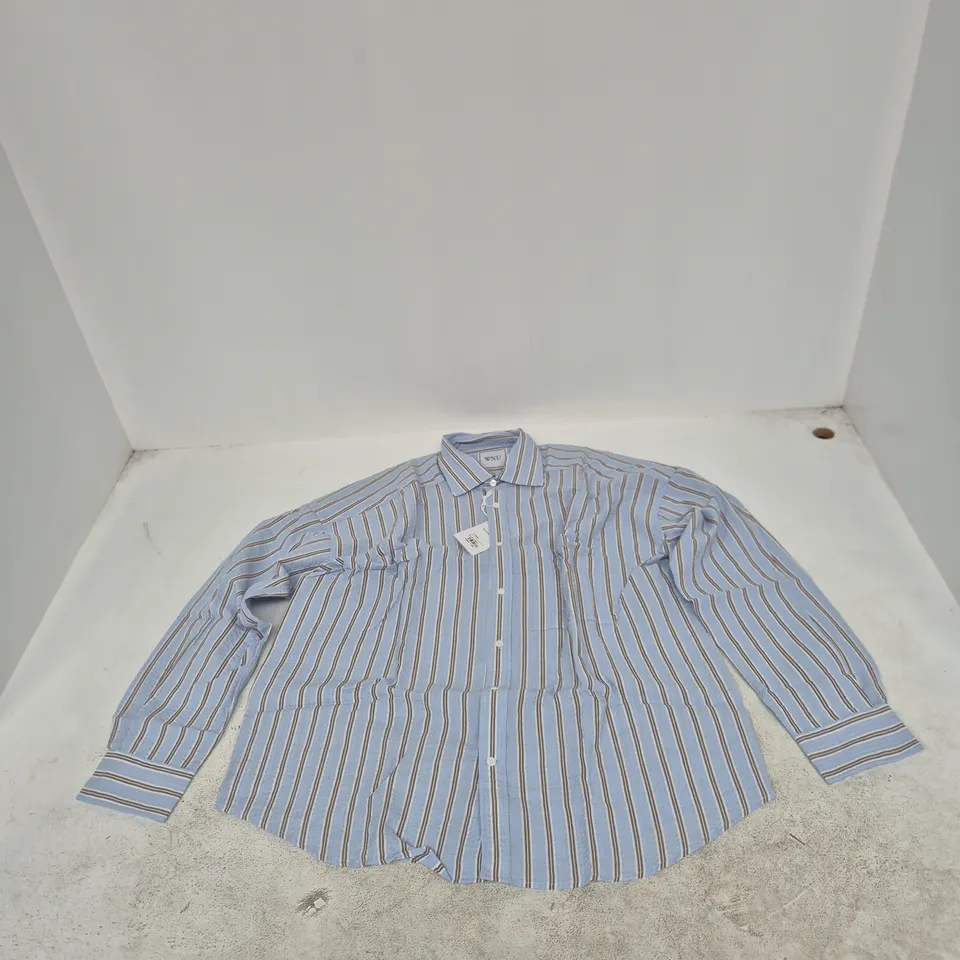 THE WEEKEND SEERSUCKER SHIRT – ICY BLUE & MOCHA STRIPE – MEN'S M