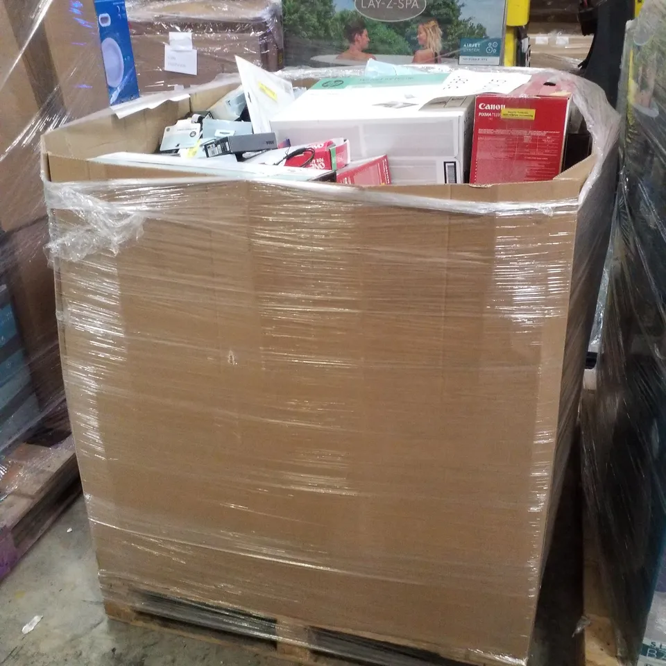 PALLET CONTAINING ASSORTED ELECTRICAL PRODUCTS INCLUDING CANON PIXMA PRINTER, WIRELESS HEADPHONES, DESK RING LIGHT, KEYBOARD AND MOUSE SET, SPEAKERS & UNIVERSAL TV STAND