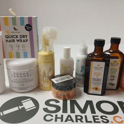 APPROX 12 ASSORTED BEAUTY PRODUCTS TO INCLUDE NATURE SPELL HAIR OIL, PLOUISE CLEANSER, MINIML HAND WASH, ETC 