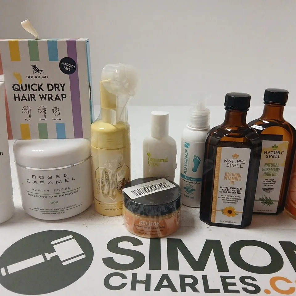 APPROX 12 ASSORTED BEAUTY PRODUCTS TO INCLUDE NATURE SPELL HAIR OIL, PLOUISE CLEANSER, MINIML HAND WASH, ETC