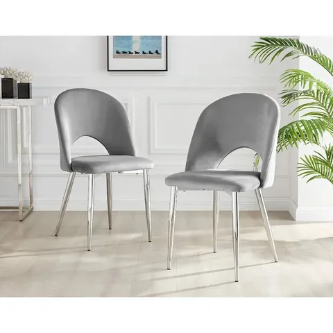 BOXED PAIR LUXURY VELVET DINING CHAIR - MODERN ART DECO STYLE, GREY - SET OF 2 (1 BOX)