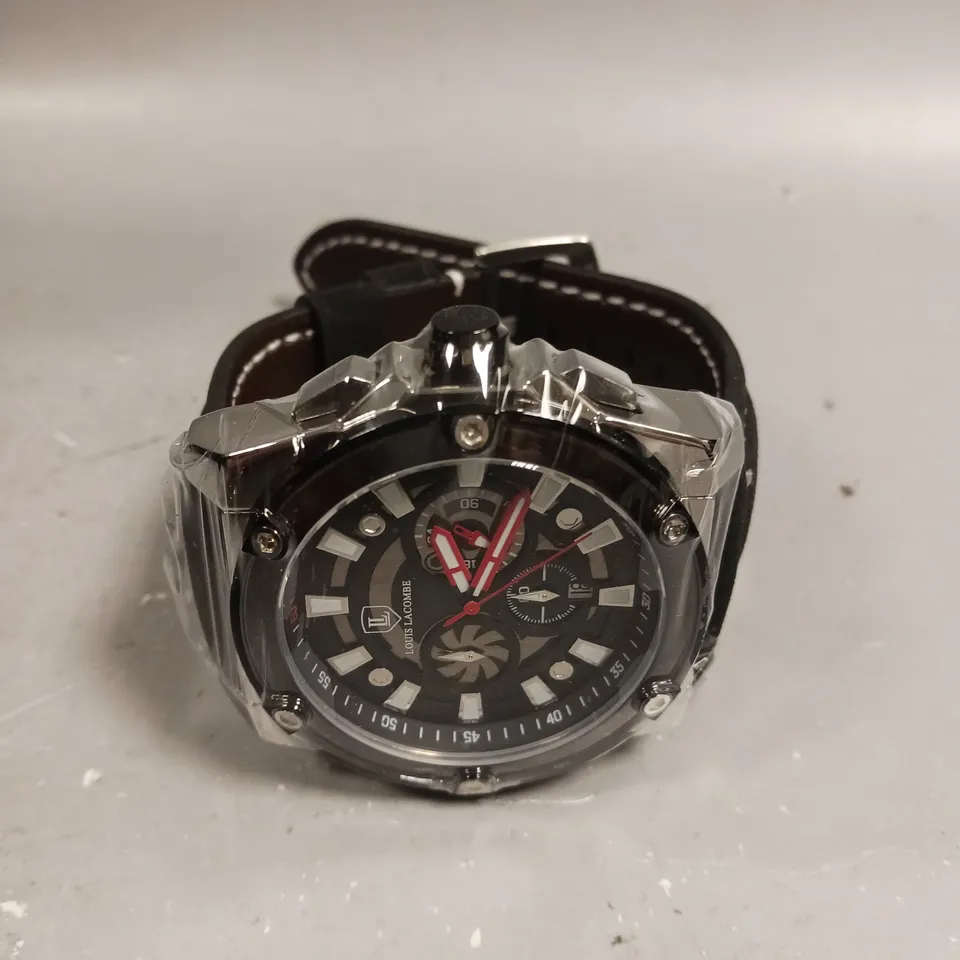 MENS LOUIS LACOMBE CHRONOGRAPH WATCH BLACK DIAL LEATHER STRAP