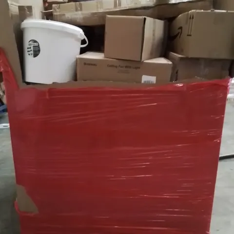 PALLET OF ASSORTED HOUSEHOLD GOODS AND PRODUCTS TO INCLUDE;CEILING FAN WITH LIGHT,RETRACTABLE SAFETY GATE,DRAINAGE LIQUID