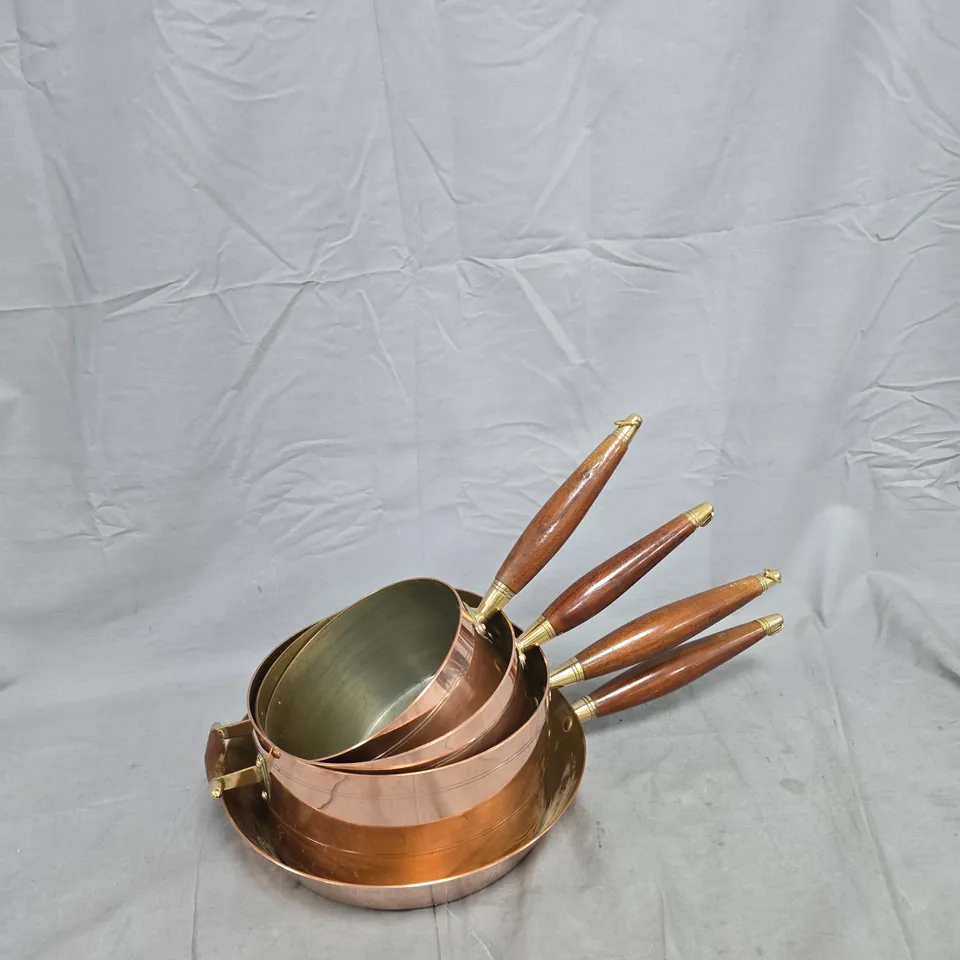 COPPER COOKWARE SET WITH WOODEN-HANDLED NESTING SAUCEPANS – FOUR PIECE