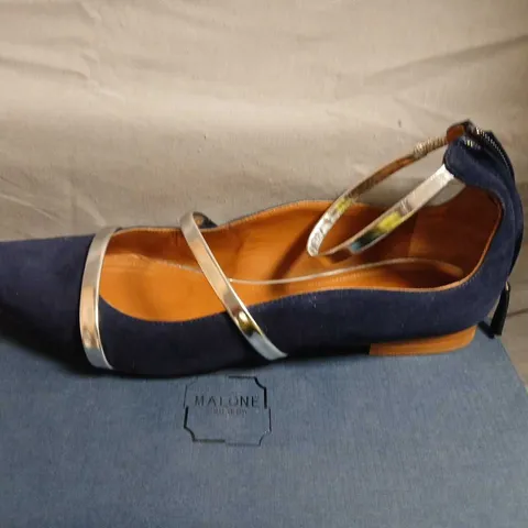 MALONE SOULIERS NAVY SUEDE POINTED-TOE FLATS WITH SILVER STRAPS, UK 6.5