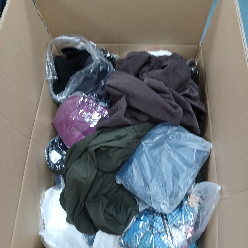 BOX OF ASSORTED CLOTHING TO INCLUDE TOPS, JUMPERS AND BRAS 